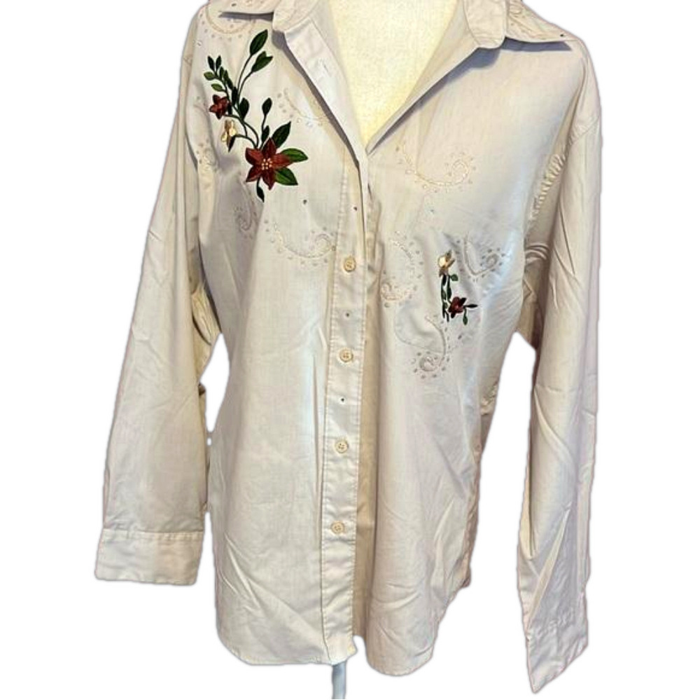 Vintage Las Olas Floral Embroidered Cotton Blend Beige Long Sleeve Button Blouse